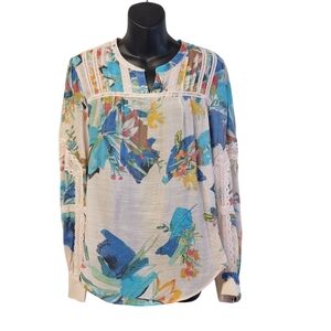 Zac & Rachel Women's Multi Color Floral Print Blouse Lace Trimmed Long Sleeve M